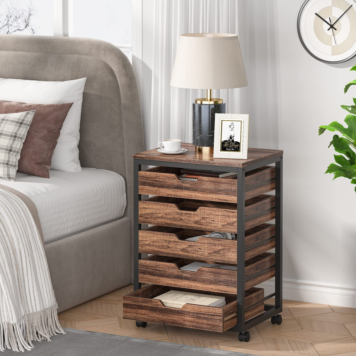 Tribesigns 5 Drawer Chest, Wood Storage Dresser Cabinet with Wheels, Industrial Storage Drawer Organizer Cart for Office Bedroom Entryway (Rustic Brown, 1 PC) Tribesigns
