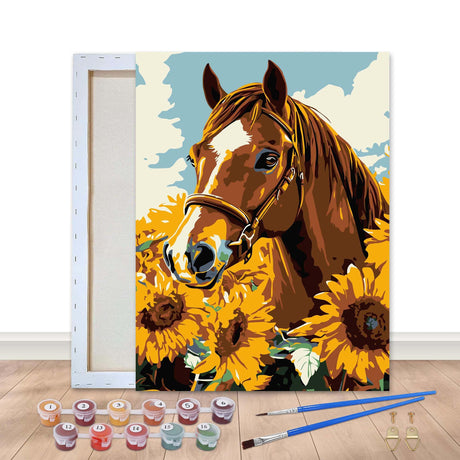 Bimkole Framed Paint by Numbers Kit for Adults Sunflower Horse, DIY Oil Painting Kit on Canvas with Paintbrushes and Acrylic Pigment for Beginner, for Home Wall Decor 8x12inch/20x30 cm Bimkole