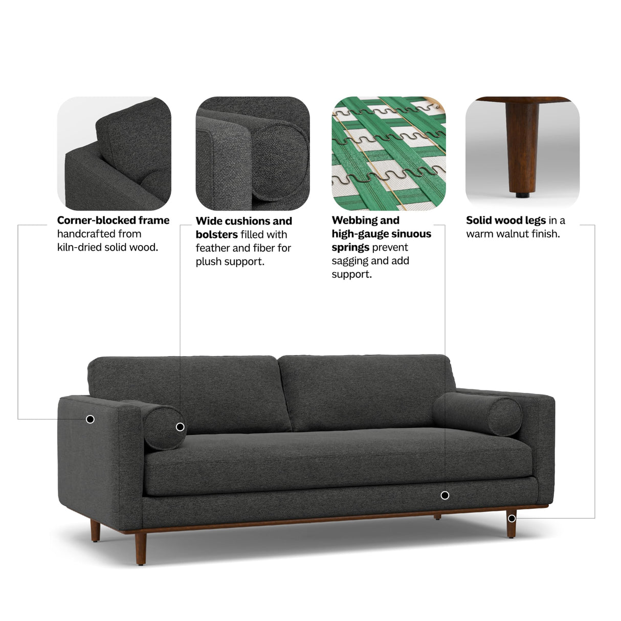 SIMPLIHOME Morrison 89-inch Wide Sofa in Charcoal Grey Woven-Blend Fabric, Handcrafted Mid-Century Modern Couch for Living Room or Family Room, Single Bench Cushion, Bolster Pillows SIMPLIHOME