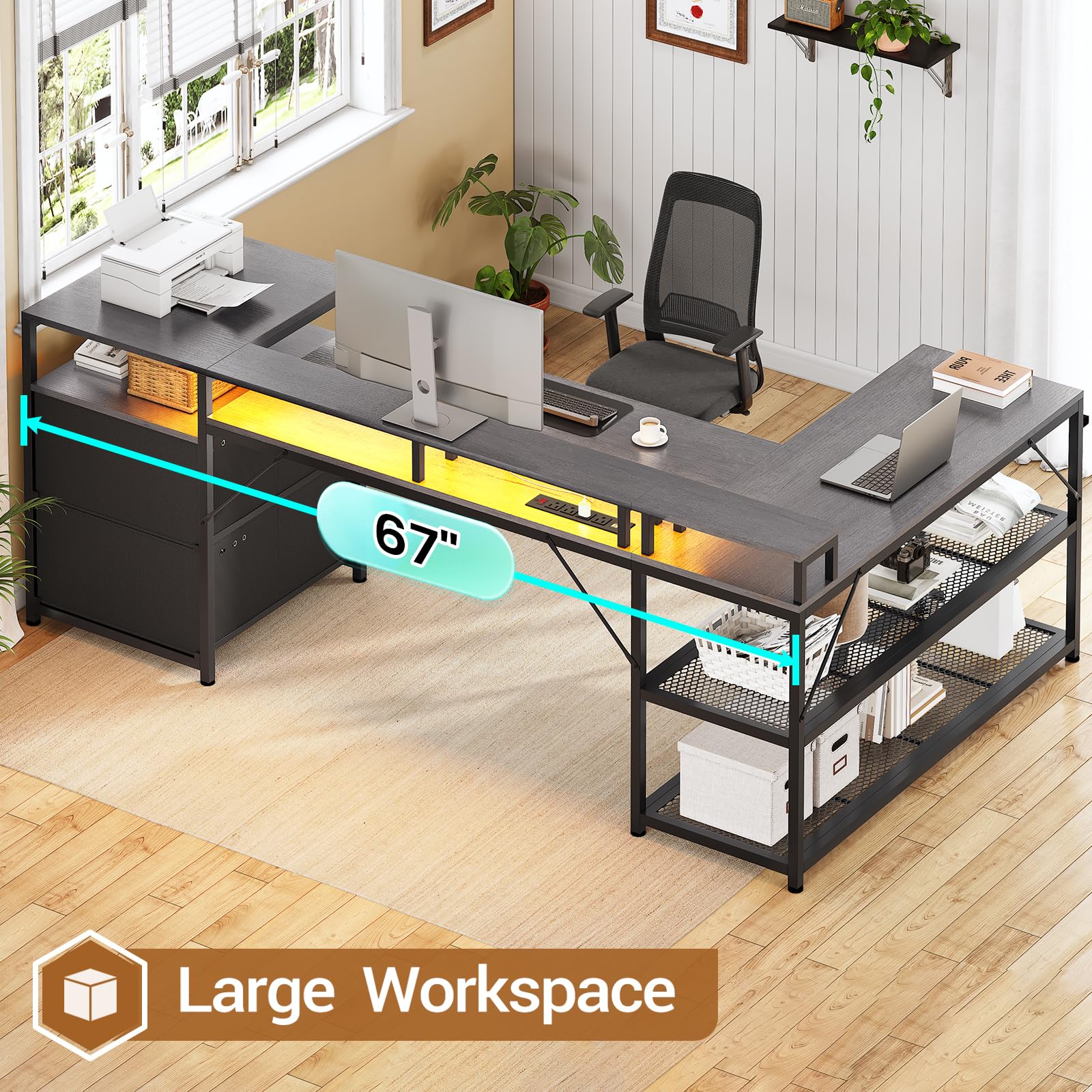 SEDETA 67" L Shaped Desk with Drawers, Computer Office Desk with Storage Shelves & Power Outlet, Reversible Gaming Desk with LED Lights for Home Office, Grey - WoodArtSupply