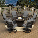 Kurapika 7 Piece Metal Outdoor Patio Furniture Set with Round Fire Pit Table, Patio Conversation Sets 6 Swivel Chairs with Thick Cushion and 40000 BTU Fire Pit Table, Grey Kurapika