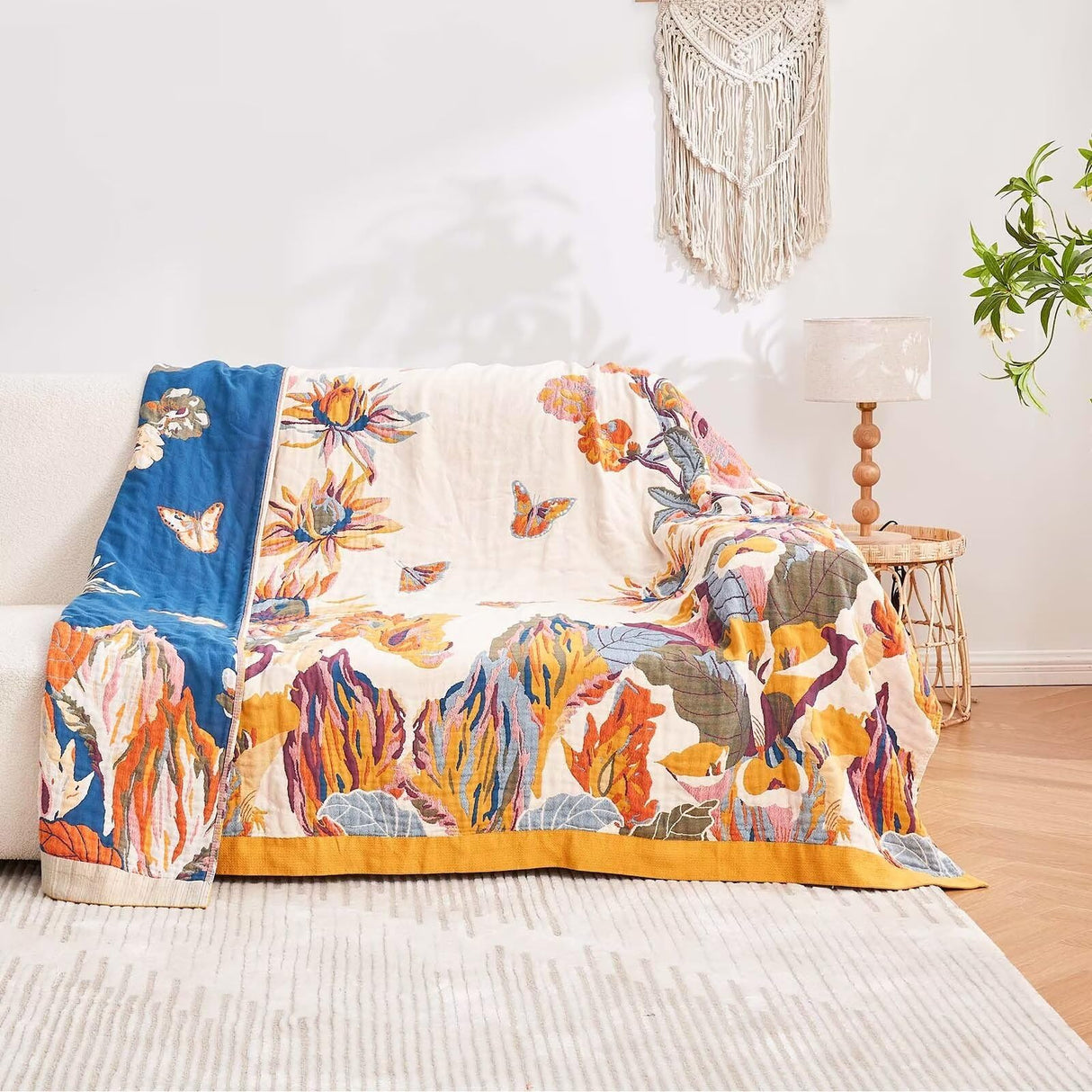 XIBLC Boho Throw Blanket, 100% Cotton Ultra Soft Luxury Throw Rustic Quilt, 60"x80" Floral Bird Butterfly Farmhouse Decor Bed Blankets, All Season Rustic Reversible Bohemian Throw for Bed - Yellow XIBLC