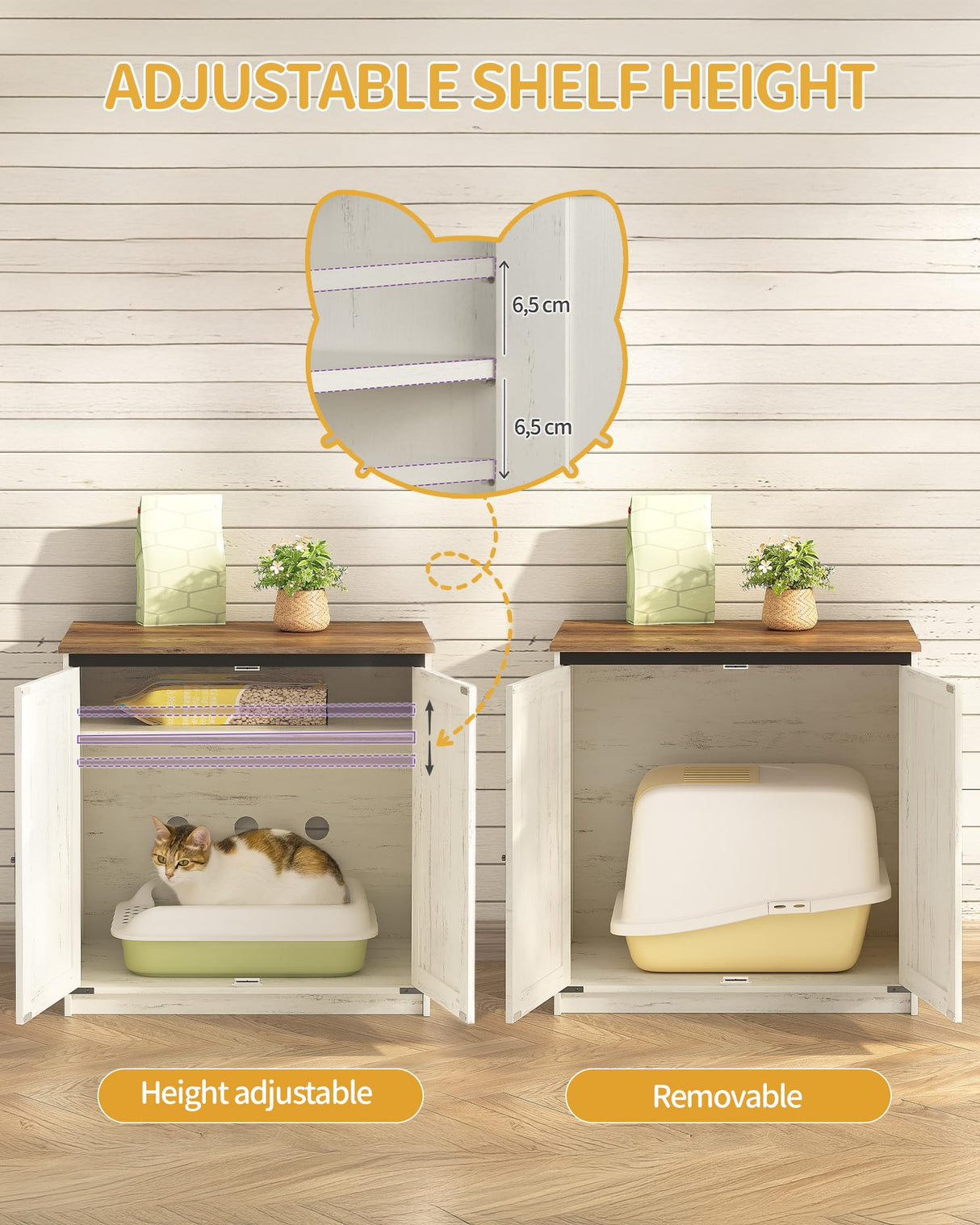 Hzuaneri Cat Litter Box Enclosure Enclosed, Hidden Litter Box Furniture Cabinet Large, Wooden Indoor Cat House with Adjustable Shelf for Top Entry Litter Box, Farmhouse Rustic Brown and White CB85414X Hzuaneri