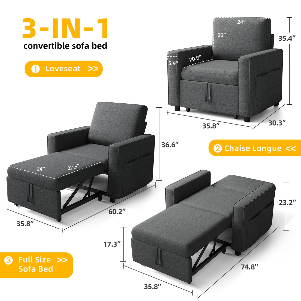 DWVO Convertible Sleeper Chair, 3-in-1 Sofa Bed with Reclining Backrest, 75" Single Sleeper Couch with Pull-Out Bed and Wide Armrest, Linen Futon Sofa for Dorm Apartment, Grey DWVO