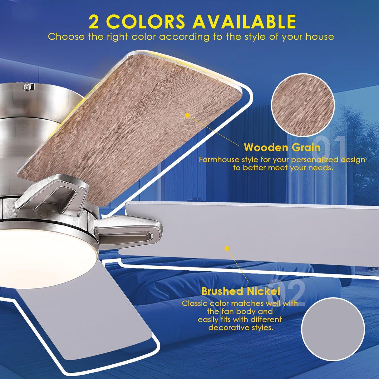 CHESUR Flush Mount Ceiling Fans with Lights Remote/APP Control, Modern Ceiling Fan Light with Timer Setting and Silent Motor, Low Porfile Reversible Fan Light for Indoor/Outdoor Use CHESUR