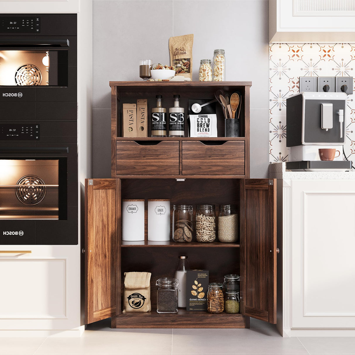 Shintenchi Floor Storage Cabinet, Bathroom Storage Organizer with Doors and Drawers, Freestanding Side Cupboard Pantry with Adjustable Shelf for Bathroom/Kitchen/Livingroom, Walnut Shintenchi