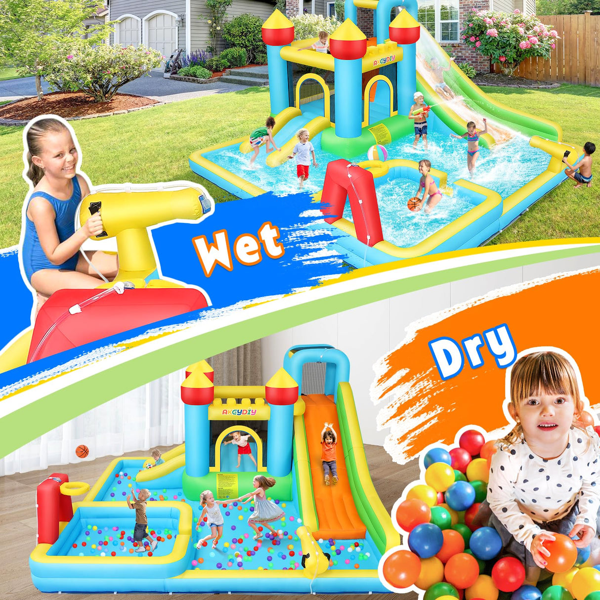 AKEYDIY Bounce House Water Slide for Kids 3-12, Rocket Blast Inflatable Bouncer with UL Blower, 13X12ft Bouncing Castle w/Long Slide, Blow Up Water Slides for Backyard Family Party -Gift for Kids AKEYDIY