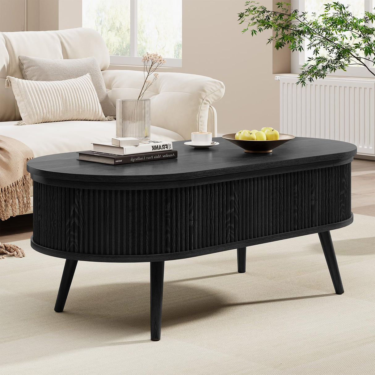 Oval Coffee Table with Storage, Fluted Coffee Table with Lift Top, Small Coffee Tables with Storage, Mid Century Modern Center Table for Living Room Home Office, 39.4", Black Onogefel