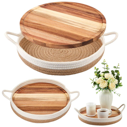 DoubleFill 2 Set Round Wicker Trays Wicker Serving Tray with Wooden Plate 2 Woven Baskets with Handles and 2 Removable Acacia Wood Plate Boho Farmhouse Multipurpose Wicker Basket for Table Decor