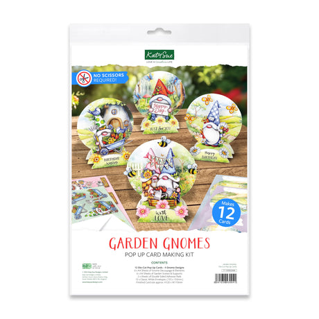Katy Sue Garden Gnomes Die-Cut Pop-Up Card Making Kit for Adults. Makes 12 Cards & Contains Gnome/Gonk Die-Cut Decoupage Paper Sheets, Supports, Envelopes & Foam Pads for Card Making Supplies Katy Sue