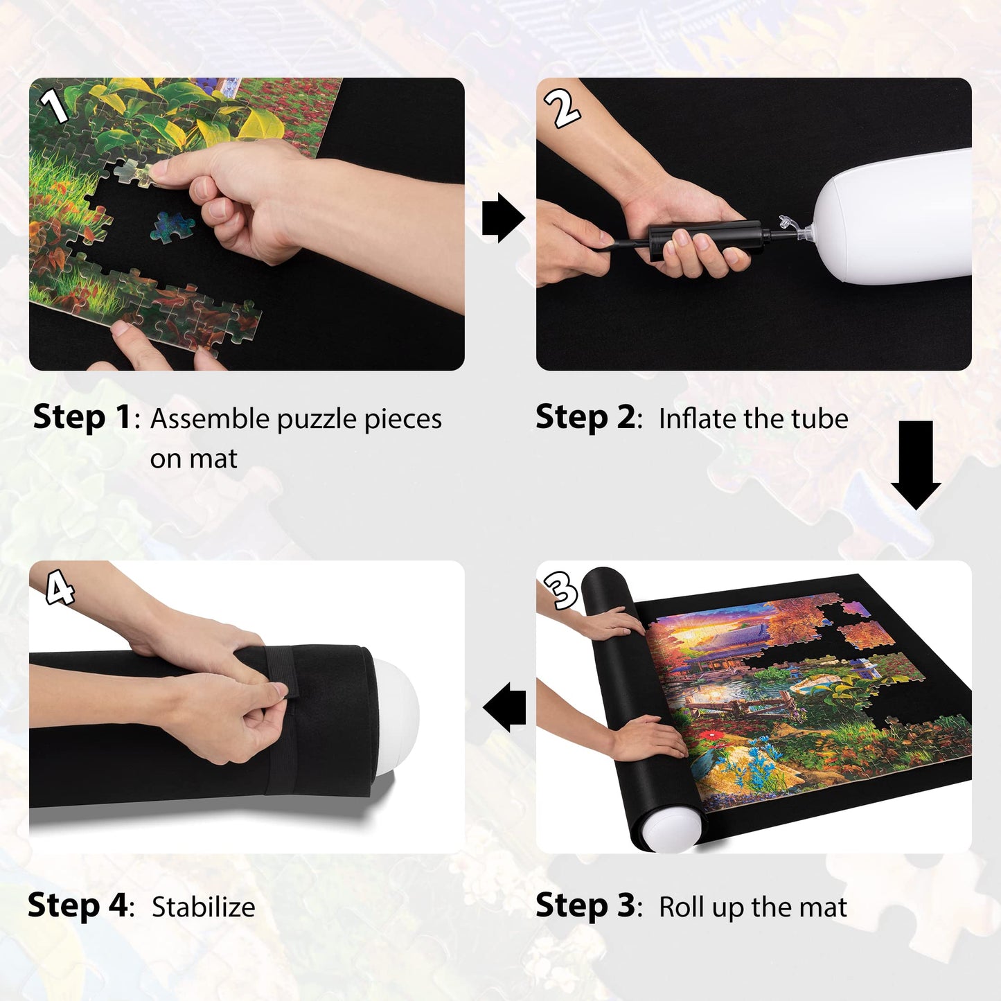 Becko US 3000 Piece Puzzle Mat Roll Up with Drawstring Bag & Black Pump, Jigsaw Felt Mat with Anti-Leak Tube & 3 Elastic Bands for Easy Storage, Portable Puzzle Keeper for 3000 2000 1500 1000 Pieces