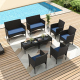 Gotland 8-Piece Outdoor Patio Furniture Set, Wicker Rattan Chairs & Sofa with Cushions and Glass Coffee Table, Conversation Set for Backyard, Lawn, Porch, Pool, Garden (Navy-1) Gotland