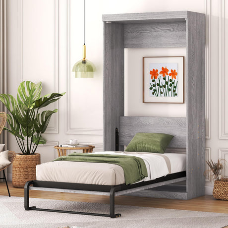 Ball & Cast Twin Size Murphy Bed,Cabinet Bed Frame with Storage Shelves,Wood Foldable PlatformBed Vertical Wall Bedframe for Bedroom Guest Room, White Ball & Cast