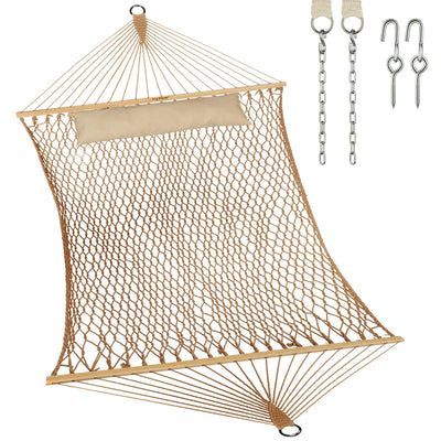 JoyView Traditional Rope Double Hammock - Hand Woven Cotton Hammock with Hardwood Spreader Bar and Pillow 450lb Capacity for Outdoor Indoor Patio Yard - Brown