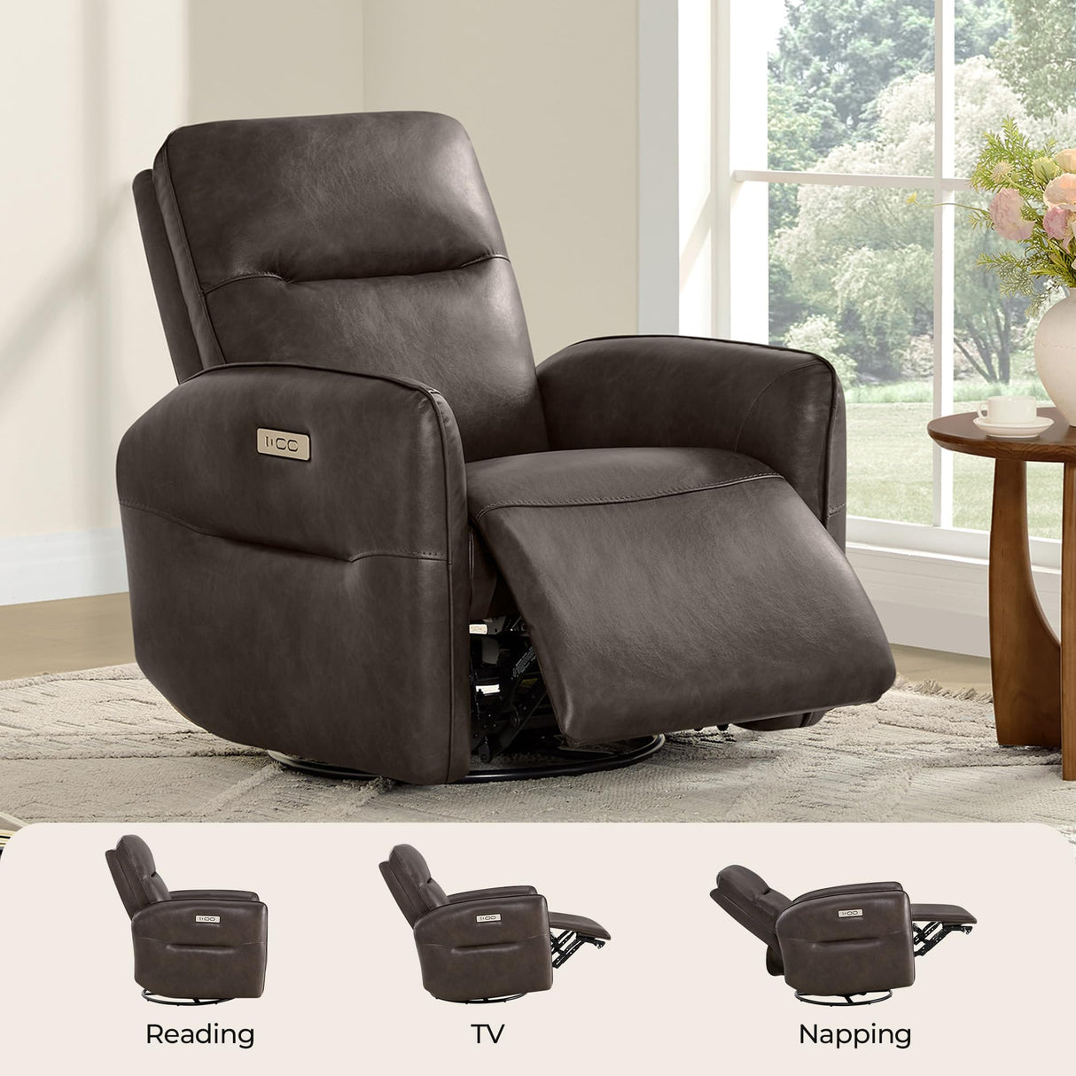 CHITA Faux Leather Power Recliner Chair, Swivel Glider Recliner for Adults, Nursery Rocking Chair with USB & Type-C Charging for Living Room, Bedroom, Chocolate Brown CHITA