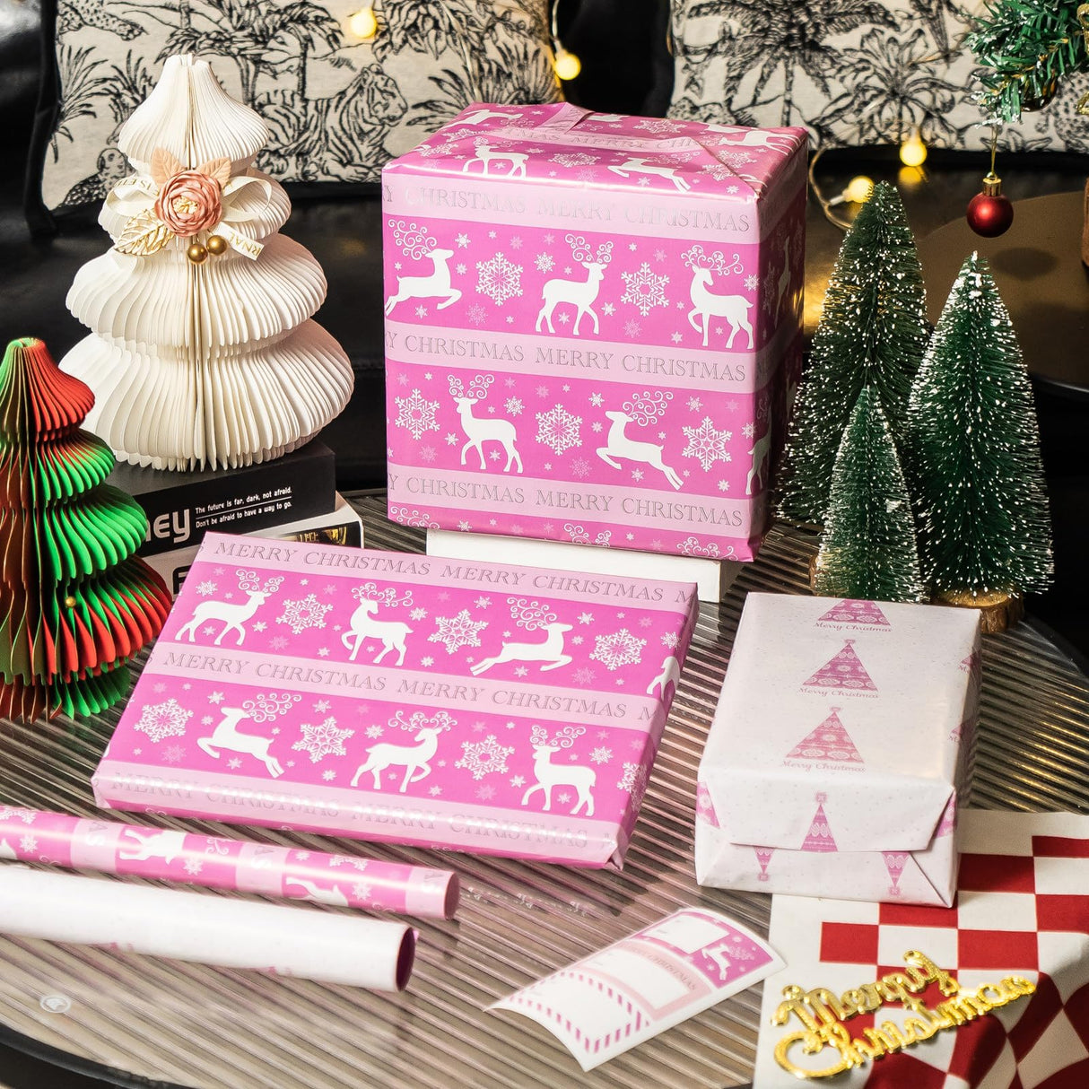 EWES Pink Christmas Wrapping Paper Rolls Set,Aesthetic Elegant Gift Wrap,Cute Pattern with Reindeer,Snowflake,Christmas Tree,Reversible, Total 28.5sq.ft EWES