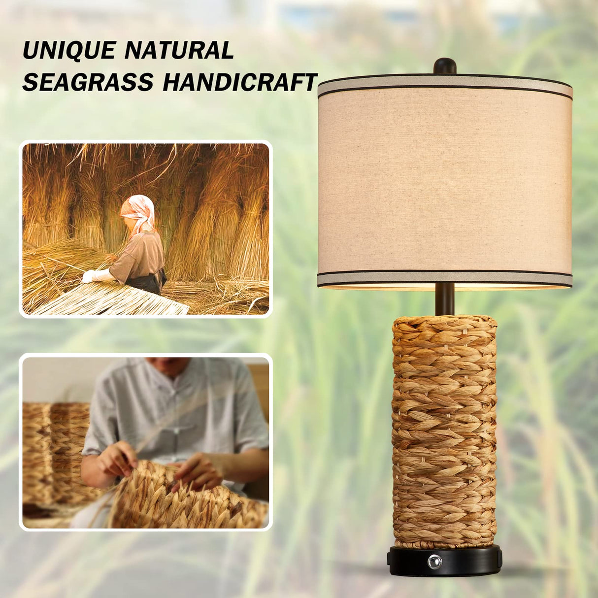 GyroVu Rattan Table Lamp Set of 2, Wicker Lamps, 3 Way Dimmable Touch Seagrass Table lamp with 2 USB Ports and 1 AC Outlet for Bedroom Nightstand Table, Livingroom End Table, Bulbs Include GyroVu