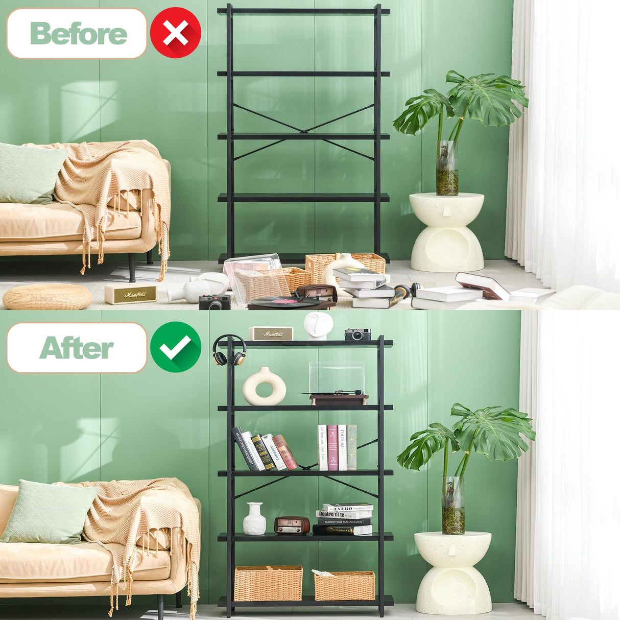 HCHQHS Bookshelf, 5-Tier Industrial Bookcase, Black Open Book Shelf, Freestanding Tall Bookshelves with Metal Frame HCHQHS