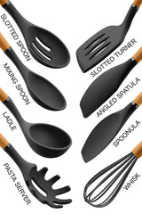 Country Kitchen Silicone Cooking Utensils, 8 Pc Kitchen Utensil Set, Easy to Clean Wooden Kitchen Utensils, Cooking Utensils for Nonstick Cookware, Kitchen Gadgets and Spatula Set - Black Country Kitchen