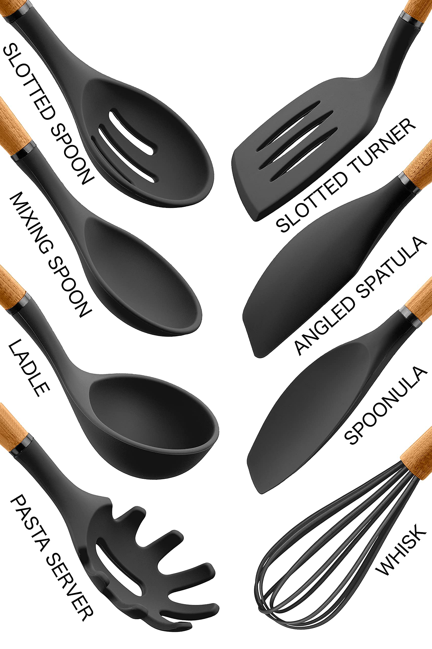 Country Kitchen Silicone Cooking Utensils, 8 Pc Kitchen Utensil Set, Easy to Clean Wooden Kitchen Utensils, Cooking Utensils for Nonstick Cookware, Kitchen Gadgets and Spatula Set - Black - WoodArtSupply