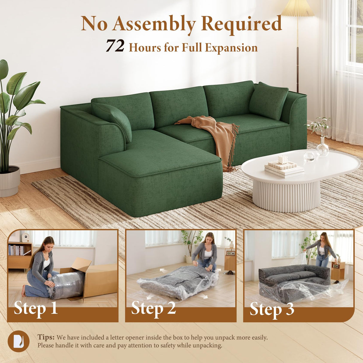 Vesgantti 106" Cloud Couch Sectional Modular Sofa, Deep Seat Comfy Cloud Couch Chenille Memory Foam Sofa Modular Couches for Living Room Bedroom, No Assembly Required (Green, Left-Facing Chaise) Vesgantti