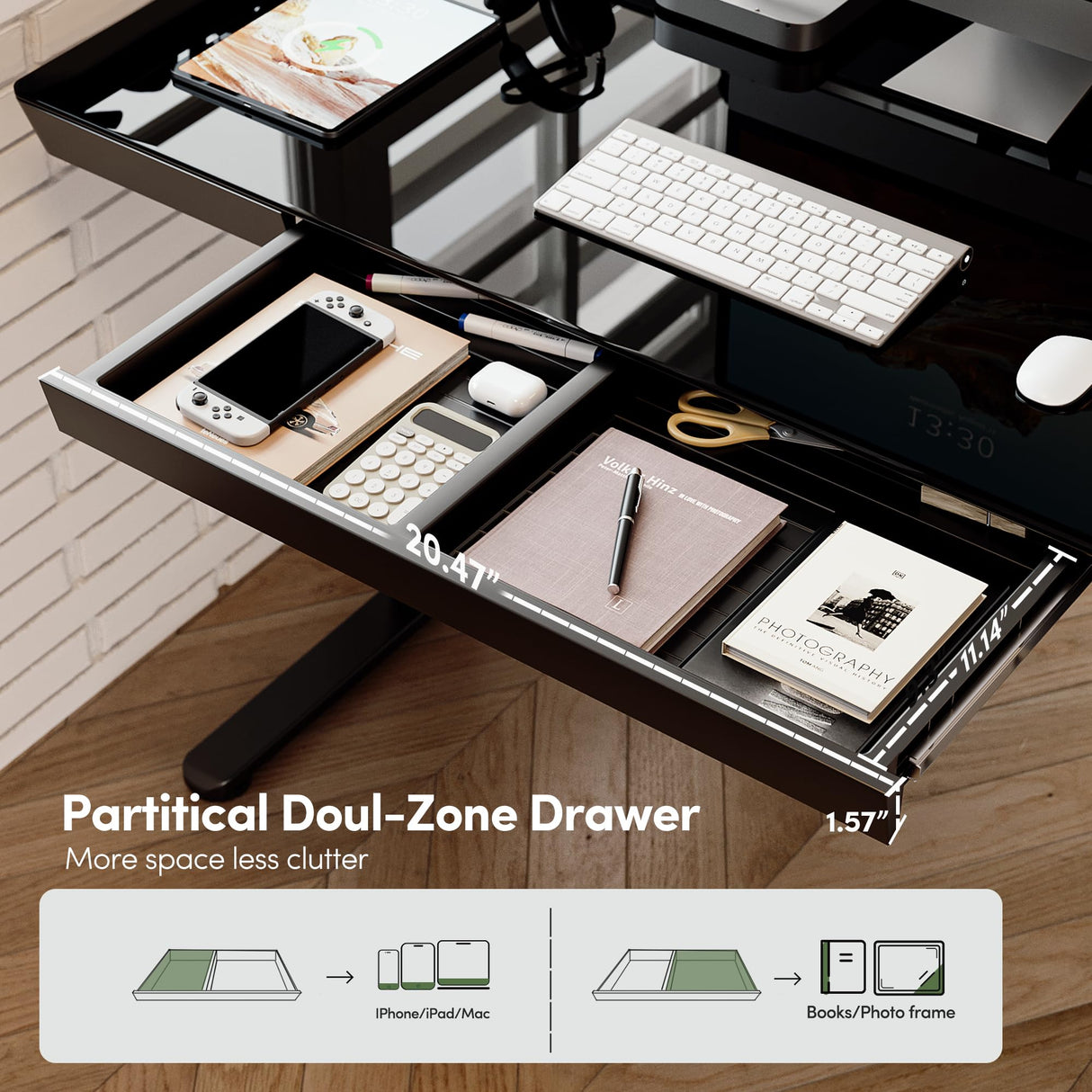 BANTI Electric Standing Desk with Drawers, 48 inch Whole-Piece Glass Desktop, Height Adjustable Stand up Sit Stand Home Office Ergonomic Workstation, Black Tabletop BANTI