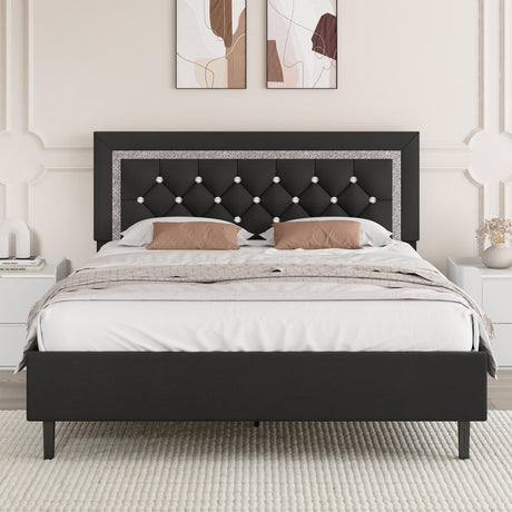 BarnFurin Queen Bed Frame with Tufted Button Headboard, Upholstered Platform Bed Frame with Diamond Design, Strong Wood Slat Support, No Box Spring Needed, Easy Assembly, Black BarnFurin