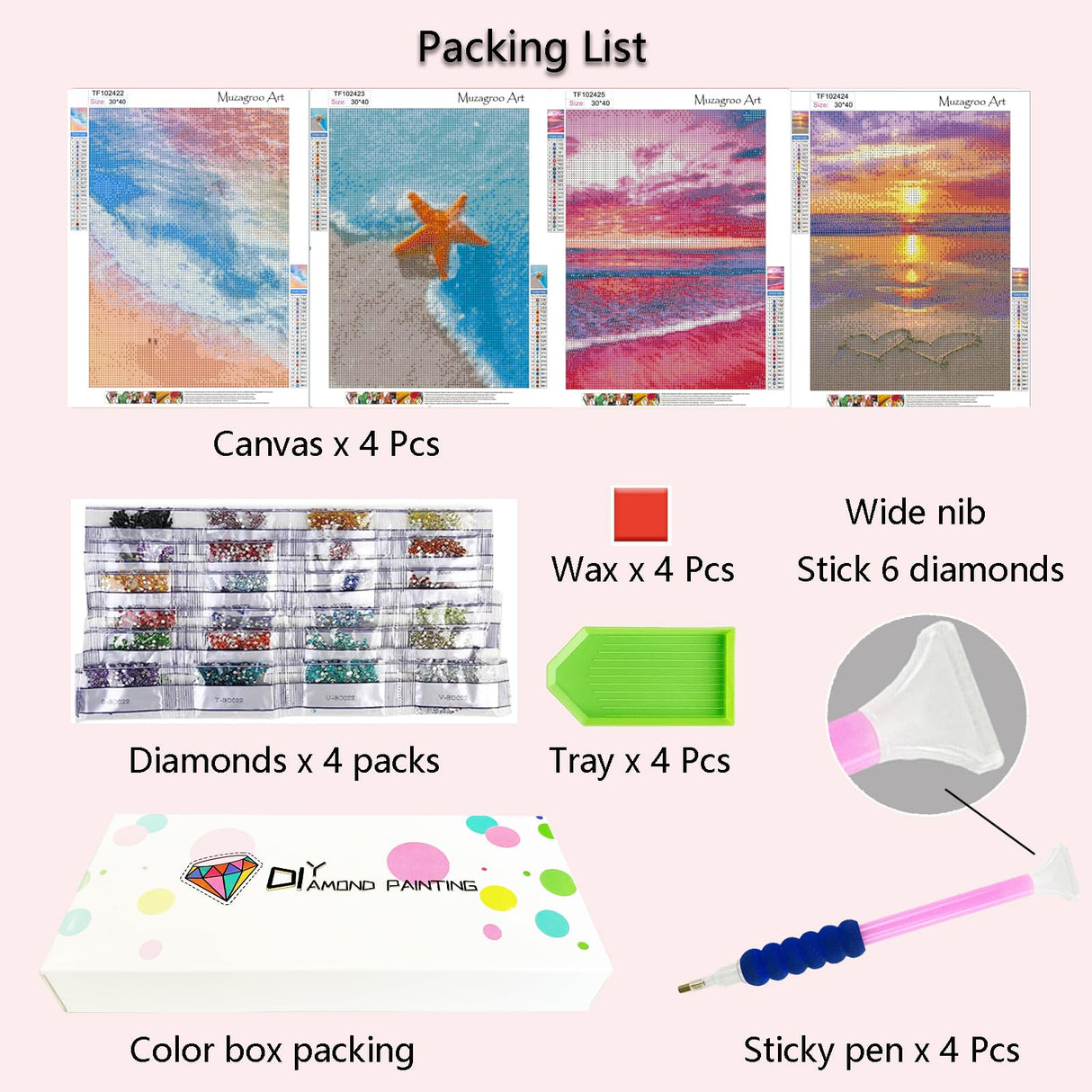 Muzagroo Art 4 Pack 5D Diamond Painting Kits for Adults DIY Drill Diamond Art Kits Arts and Crafts for Beginners Beach Diamond Dot Kits Gem Painting Wall Art for Living Room Muzagroo Art