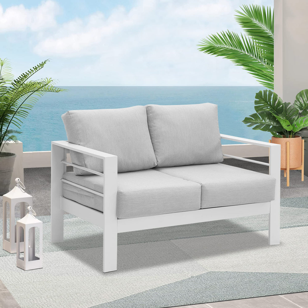 Wisteria Lane Patio Furniture Aluminum Loveseat, All-Weather Outdoor 2 Seats Sofa Couch, White Metal Chair with Light Grey Cushions Wisteria Lane