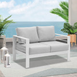 Wisteria Lane Patio Furniture Aluminum Loveseat, All-Weather Outdoor 2 Seats Sofa Couch, White Metal Chair with Light Grey Cushions Wisteria Lane