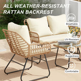 LEX CRAFT 4-Piece Outdoor Patio Furniture Set with Cushions & Tempered Glass Table, All-Weather Rattan Bistro Set with Loveseat Chairs Table Soft Cushions for Garden, Porch, Backyard (Beige) LEX CRAFT