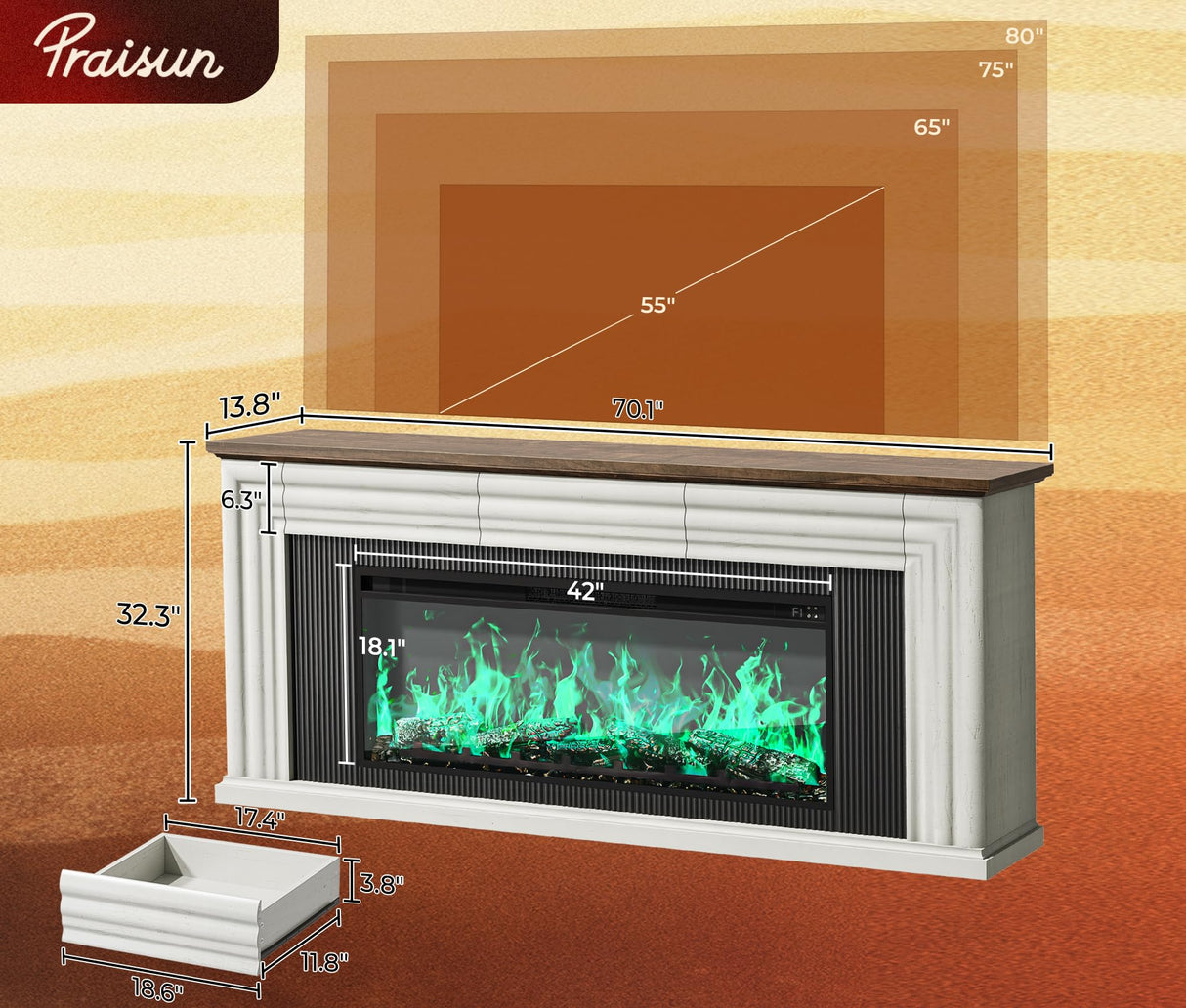 PRAISUN 70'' Fireplace TV Stand with 42'' Electric Fireplace, Farmhouse TV Stand for 65 75 Inch TV, Entertainment Center TV Console with 3 Drawers, Fluted Design, for Living Room, Distressed White PRAISUN