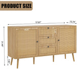 Oubayajia Rattan Sideboard Buffet Cabinet, 57.87" Rattan Accent Cabinet Storage Cabinet Console Table with 3 Drawers & 2 Doors and Adjustable Shelves for Kitchen, Dining Room, Living Room (Oak) Oubayajia