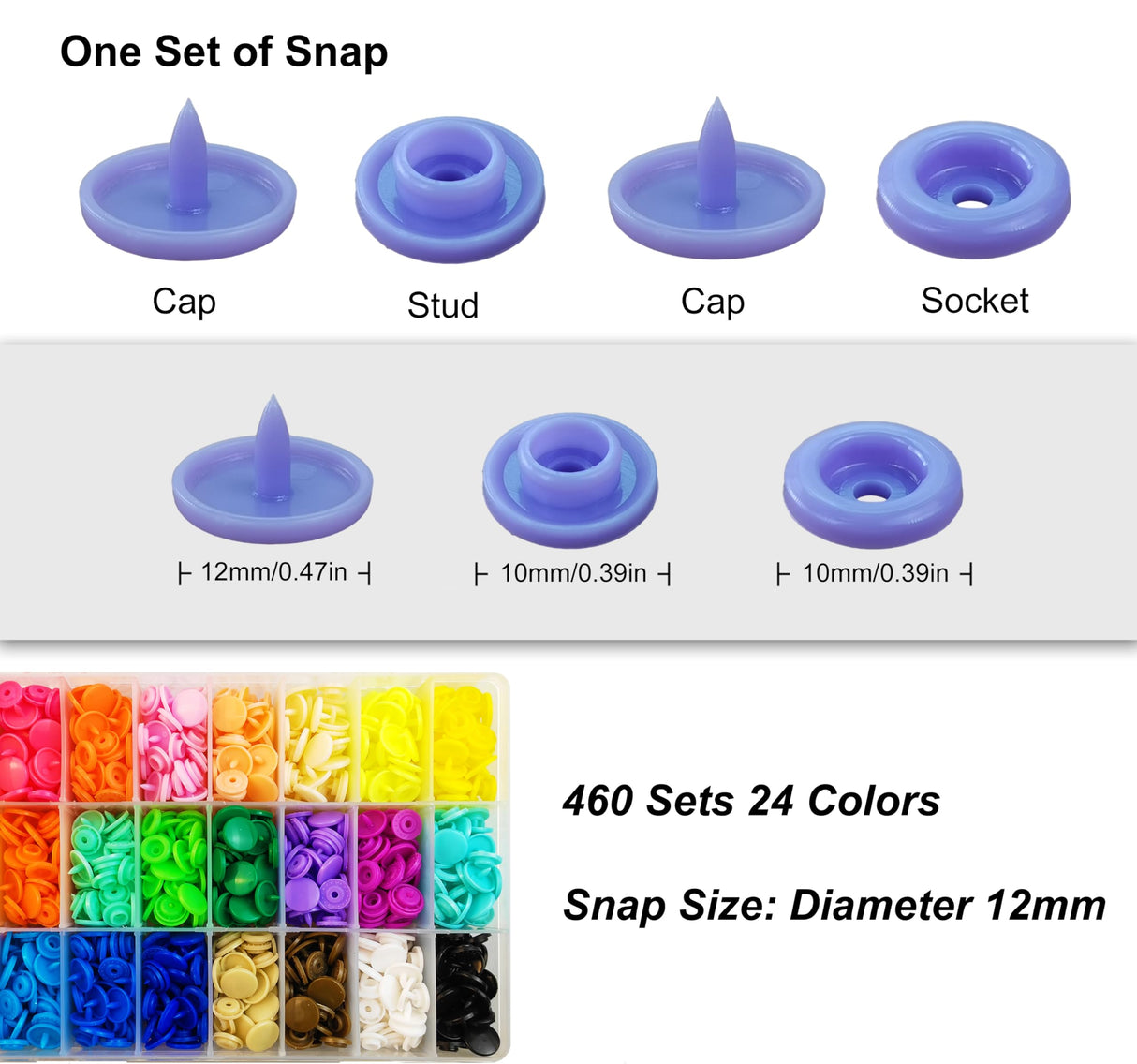 TmppDeco Plastic Snaps with Snap Pliers, 460 Sets 24-Colors Snap Buttons for Sewing, Snap Fasteners Kit for Sewing, Clothing, Crafting TmppDeco