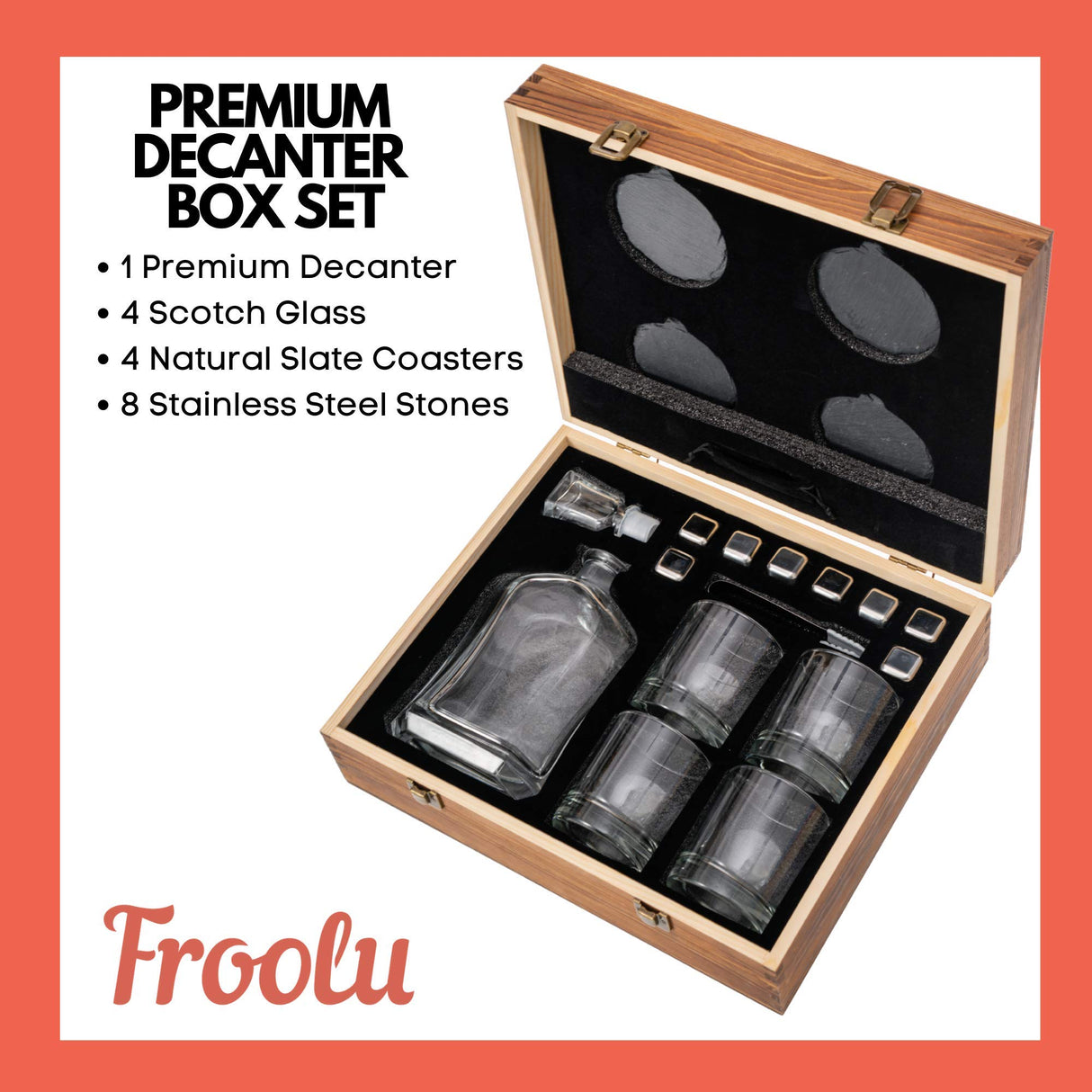 Whiskey Decanter Set in Wooden Gift Box - Includes Decanter, 4 Scotch Glasses, 4 Natural Slate Coasters, 8 Chilling Stones & Rubber Grip Tongs - Great Mens Home Bar Gift for Him, Husband, Dad Froolu
