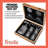 Whiskey Decanter Set in Wooden Gift Box - Includes Decanter, 4 Scotch Glasses, 4 Natural Slate Coasters, 8 Chilling Stones & Rubber Grip Tongs - Great Mens Home Bar Gift for Him, Husband, Dad Froolu