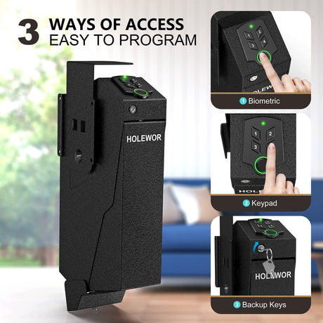 HOLEWOR Gun Safe, Biometric Gun Safe for Handgun Drop Down Pistol Safe Mounted Single Handgun Safe with Fingerprint, Passcode, Key Access for Nightstand, Desk, Bedside HOLEWOR