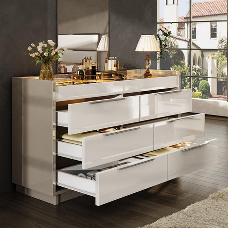 AMERLIFE 47.2" 8 Drawer Dresser with LED Light, Modern High Gloss Chest of Drawers with Glass Tabletop & 2 Six-Grid Jewelry Drawers, for Bedroom, Living Room, Dressing Room, Cream & Grey AMERLIFE