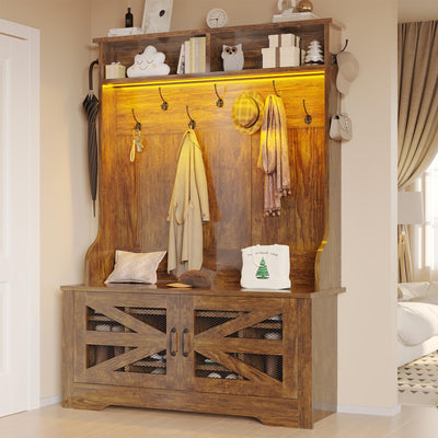 Itaar Hall Tree with Bench and Shoe Storage, 5-in-1 Entryway Bench with Coat Rack, 10 Shoe Cubbies & 9 Coat Hooks, Barn Door & Adjustable Shelf (Rustic Brown)