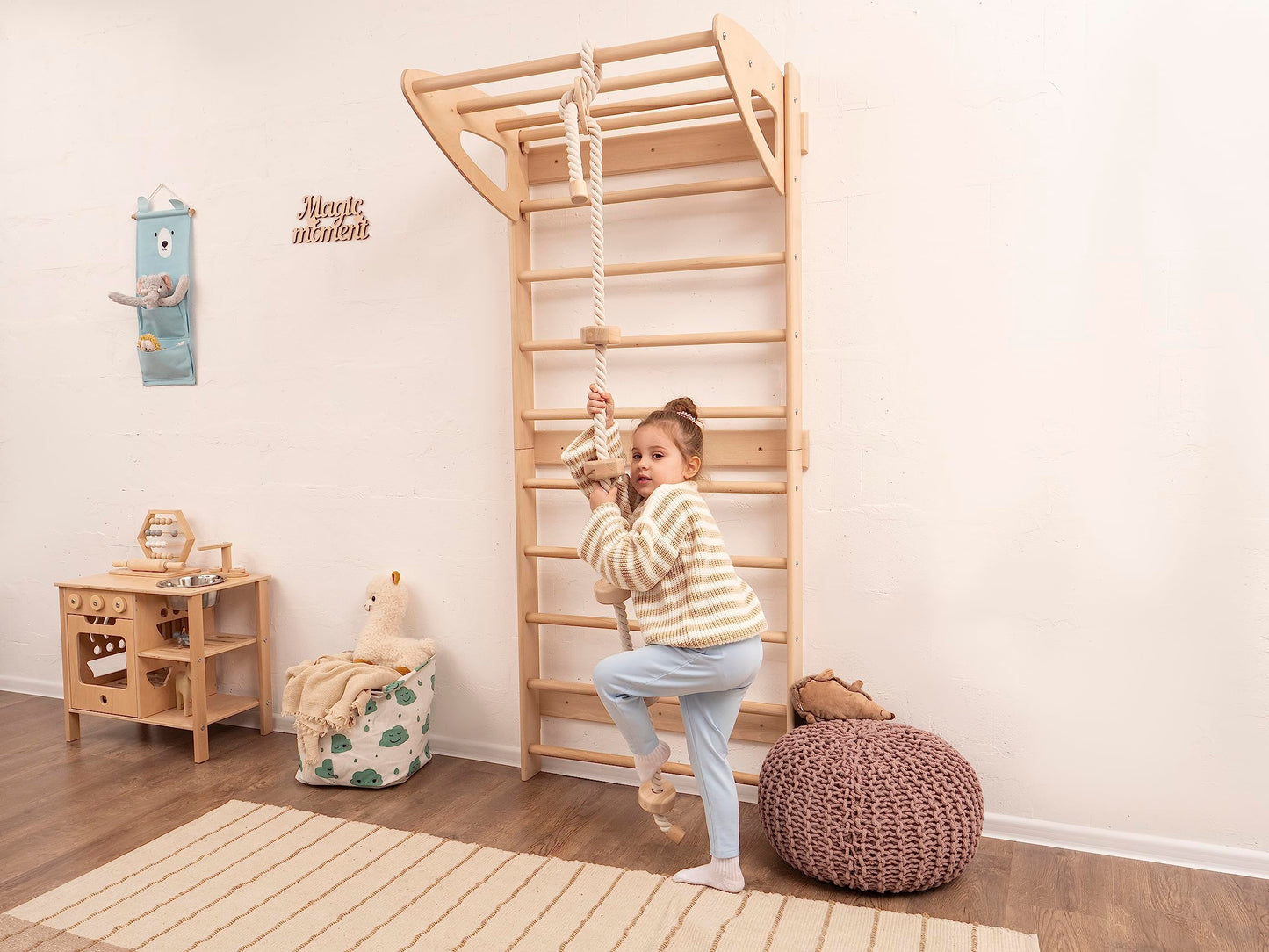 Woodandhearts Swedish Ladder Gym, Swedish Ladder Wall, Indoor Playground and Monkey Bars with Climbing Rope with Wooden Spheres in Natural Wood Color