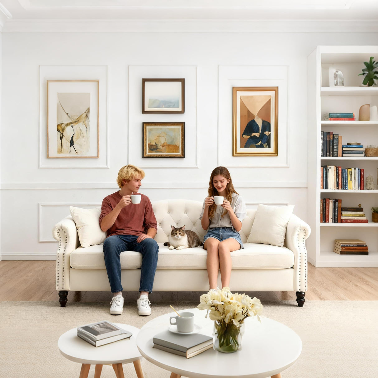 ATUMON 79" Chesterfield Sofa Couch for Living Room, 3-Seater Mid Century Modern Soft Velvet Tufted Sofa with Rolled Arms Nailhead & Two Pillows for Bedroom, Office & Coffee Bar, Beige ATUMON