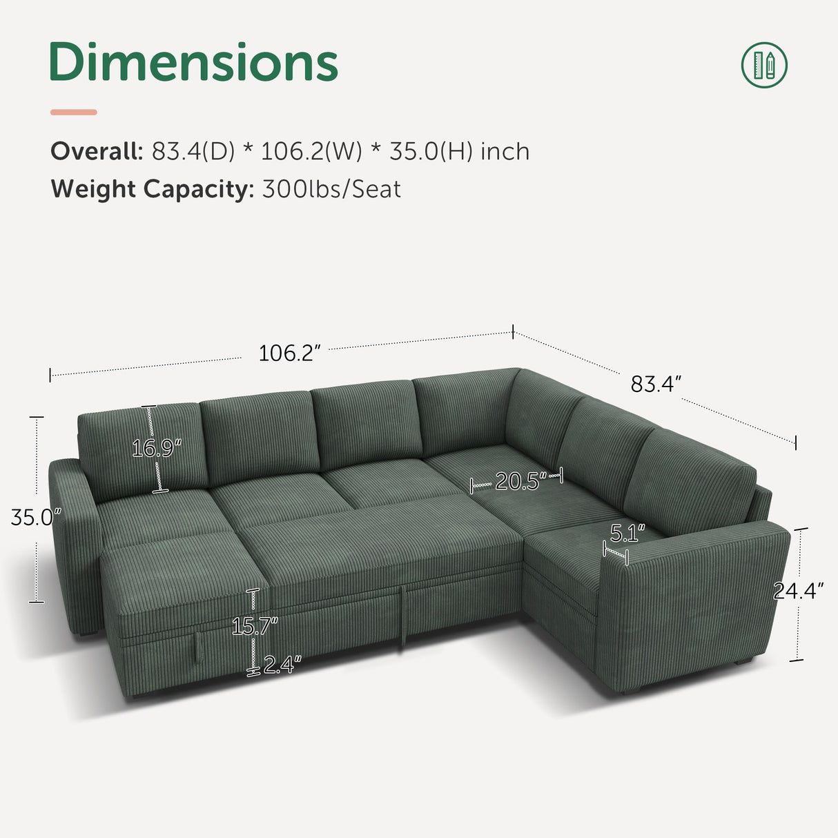HONBAY Modular Sectional Sleeper Sofa with Pull Out Bed, Corduroy Couch with Storage Seats Ottoman, U Shaped Sectional Couches for Living Room, Green HONBAY