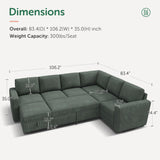 HONBAY Modular Sectional Sleeper Sofa with Pull Out Bed, Corduroy Couch with Storage Seats Ottoman, U Shaped Sectional Couches for Living Room, Green HONBAY