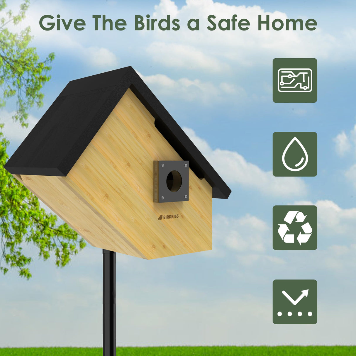 Birdkiss Smart Bird Houses for Outside Solar Powered, 1080P HD Live View Birdhouse with Camera, Perfect Viewing Bird Nesting and Hatching, Ideal Outdoors Bird House for Blue Bird and Cardinal (Black) Birdkiss
