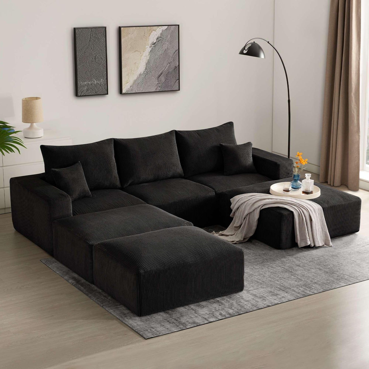 Sectional Modern Sleeper Sofa Couches for Living Room-113'' Black 3 Seater U-Shaped Lounge Cloud Couch-No Assembly Modular Corduroy Convertible Sponge Compression Sofas with Chaise for Home House