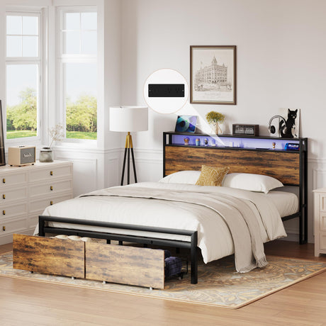 ROOMTEC Queen LED Bed Frame with Headboard and Charging Station, Metal Platform Bed Frame with 2 Storage Drawers and RGB Light, No Box Spring Needed, Noise-Free, Easy Assembly, Vintage Brown ROOMTEC
