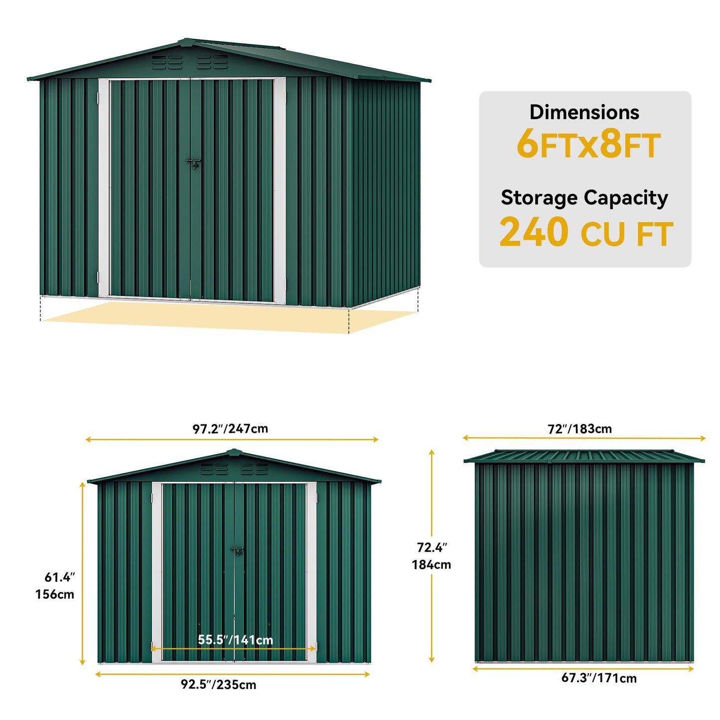 DWVO 8x6 FT Outdoor Storage Shed, Large Metal Tool Sheds, Heavy Duty Storage House with Lockable Doors & Air Vent for Backyard Patio Lawn to Store Bikes, Tools, Lawnmowers, Green