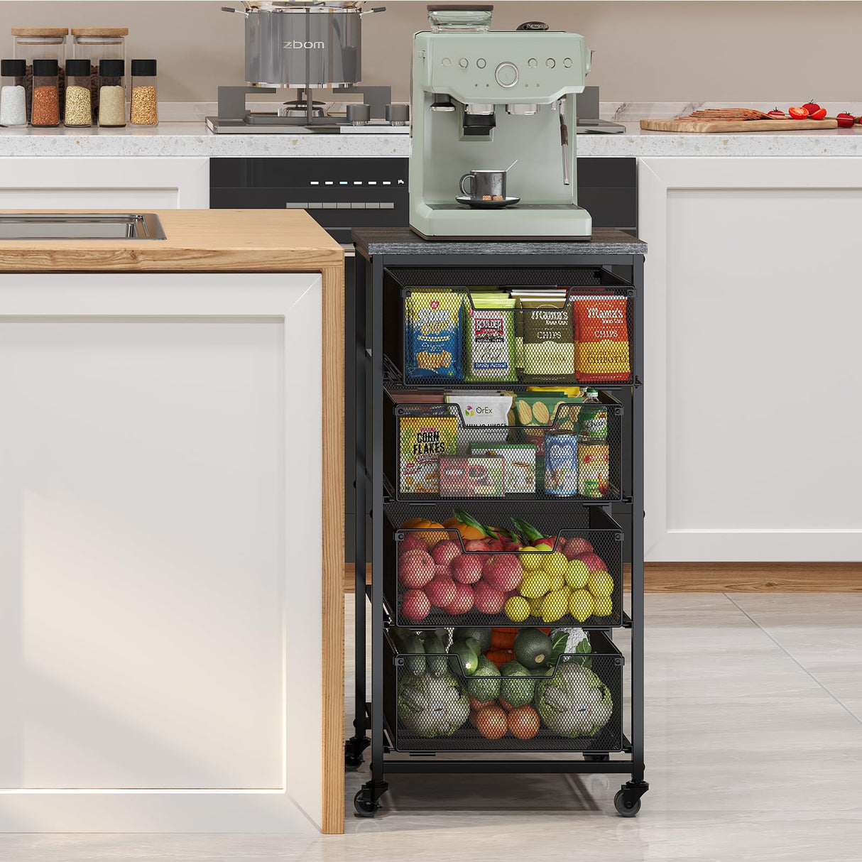 4-Tier Fruit Vegetable Storage Cart - Kitchen Organizer and Storage Cart with Wheels, Wooden Top Metal Wire Fruit Vegetable Rack Stand with Drawers to Storage Onions Potatoes Cans Snacks for Kitchen Yociyoga