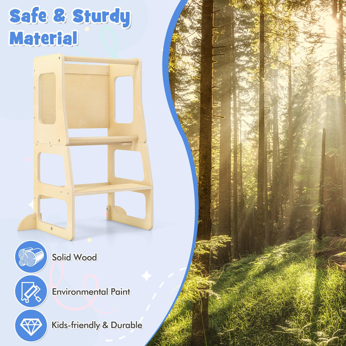OLAKIDS Toddler Tower, 4 in 1 Foldable Kitchen Stool Learning Standing Tower with Chalkboard Removable Safety Rail, Kids Wooden Collapsible Montessori Step Stool Table and Chair Set Olakids
