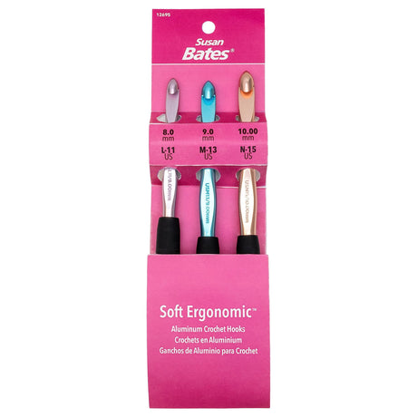 CJ BATES & SONS Sizes L11/8mm, M13/9mm, and N15/10mm Susan Bates Silvalume Soft Ergonomic Crochet Hook Set Susan Bates